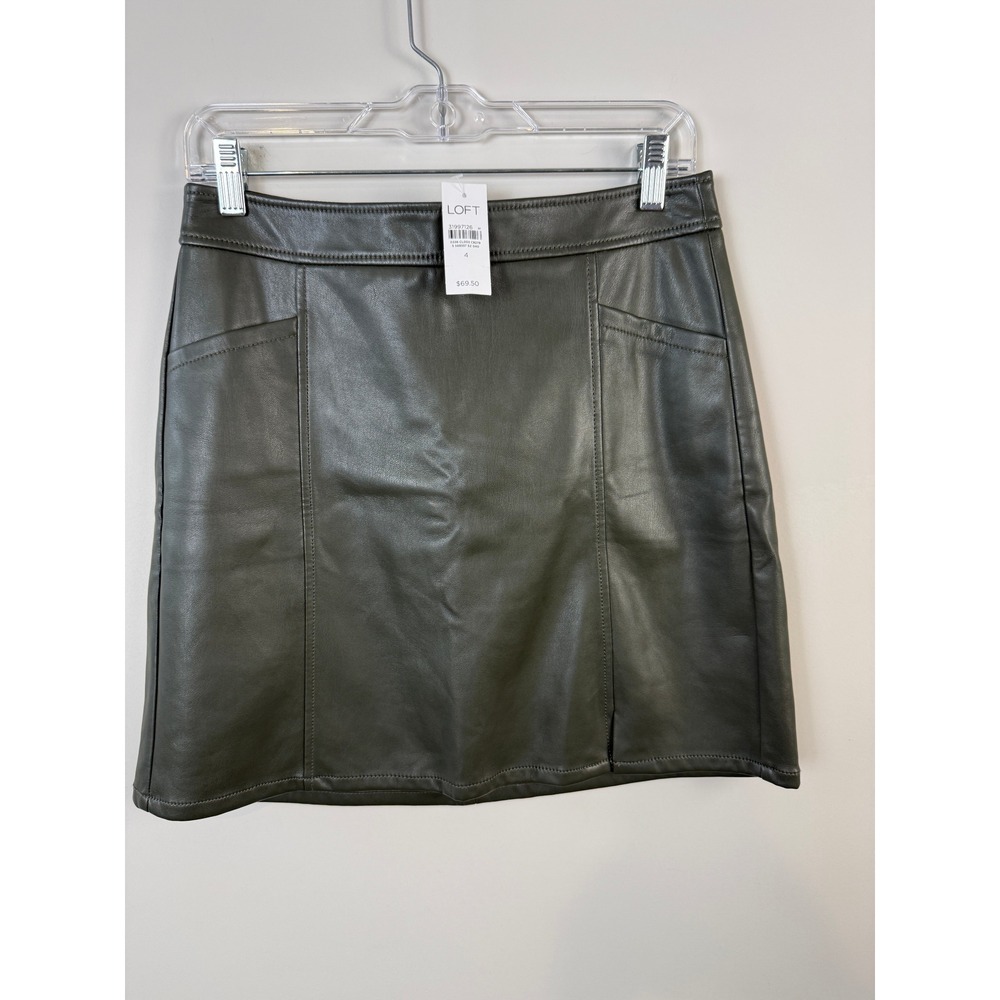 LOFT NWTs $70 Olive Green Faux Leather Mini Skirt Size 4 High-Waist
